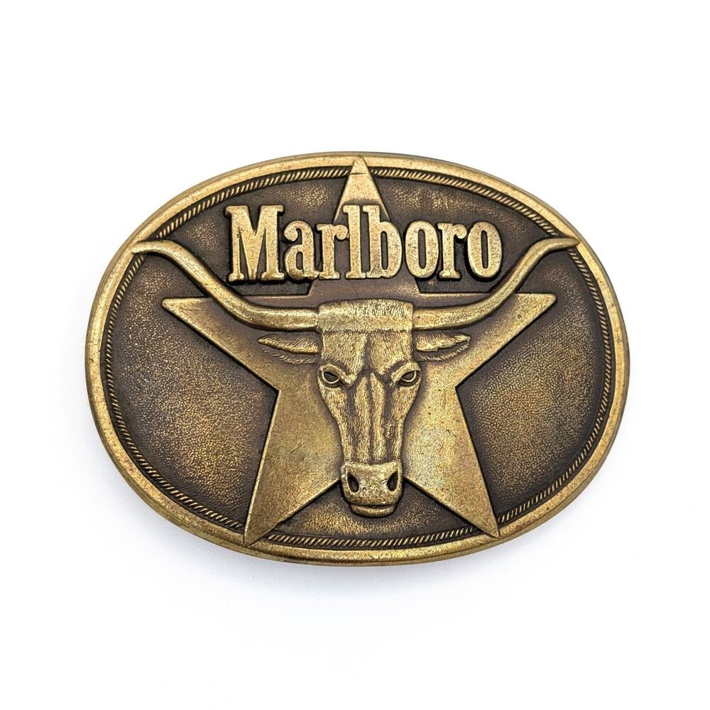 Vintage 1987 Marlboro Brass Belt Buckle Longhorn Texas Star Western Cowboy Rodeo